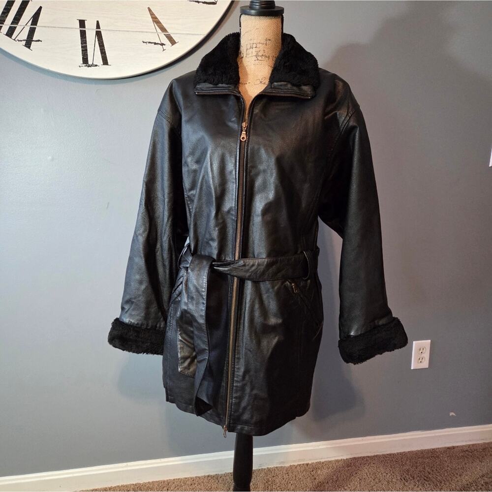 Wilsons Leather vintage Insulated Trench Jacket Faux Fur Black Belted 90s L